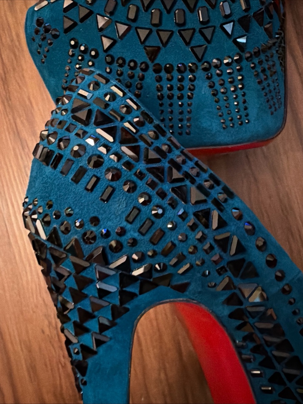 Christian Louboutin Decora Strass Teal Blue Suede Crystal Platform Pumps 38 - Picture 13 of 13